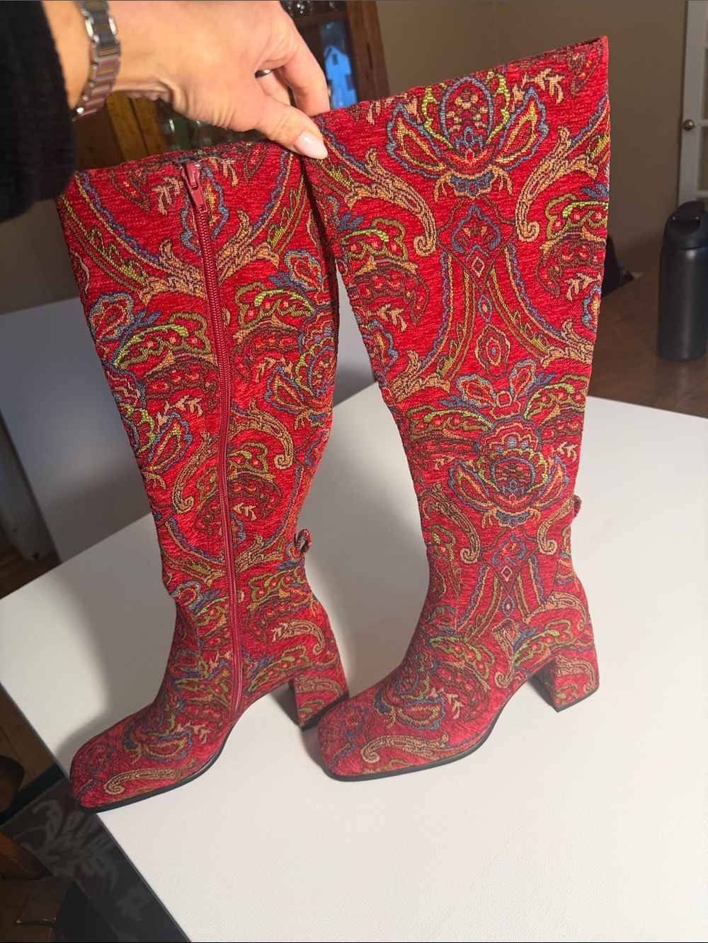 Jeffrey Campbell 10 Free People Red Floral Tapestry Brocade Knee High BootNWOB - Picture 3 of 7